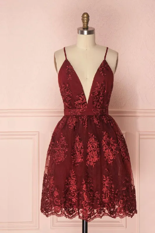 Burgundy Deep V Neck Straps Lace Short Party Dress Homecoming Dress,DP1738 Halter Neckline Beach Burgundy Deep V Neck Straps Lace Short Party Dress Homecoming Dress,DP1738 Halter Neckline Beach