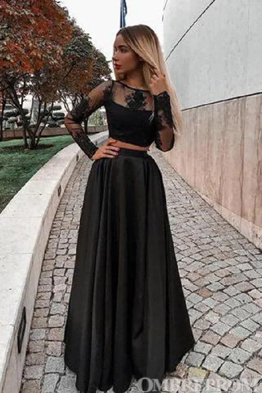 Two Piece Black Prom Dresses Long Sleeves A Line Party Dresses Tunics Evening elegant Two Piece Black Prom Dresses Long Sleeves A Line Party Dresses Tunics Evening elegant