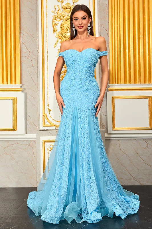 Light Blue Appliques A Line Off the Shoulder Floral Tulle Long Prom Dress Tunics Print Colorful Light Blue Appliques A Line Off the Shoulder Floral Tulle Long Prom Dress Tunics Print Colorful