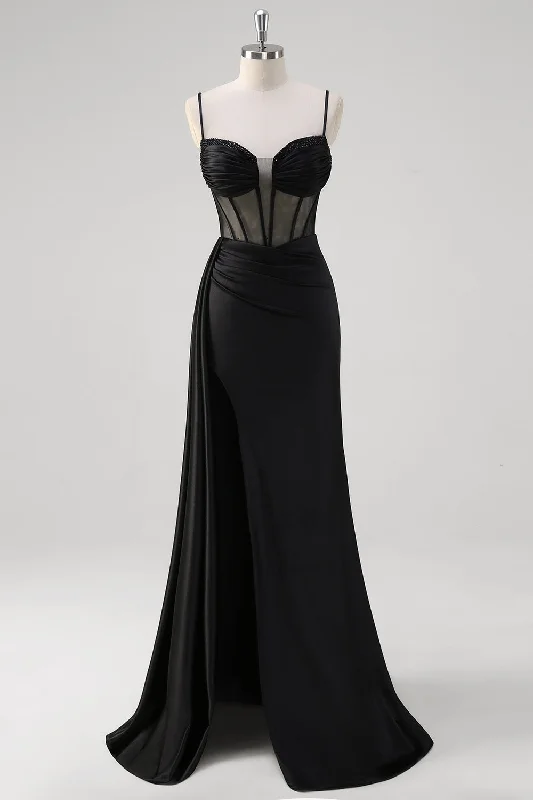 Black Spaghetti Straps Satin Mermaid Long Corset Prom Dress with Slit Tunics Designer luxury Black Spaghetti Straps Satin Mermaid Long Corset Prom Dress with Slit Tunics Designer luxury