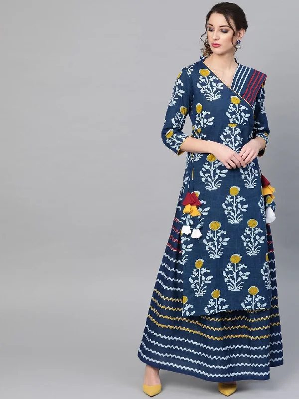 Women's  Navy Blue Printed Kurta with Skirt & Attached Dupatta - AKS cotton skirt soft