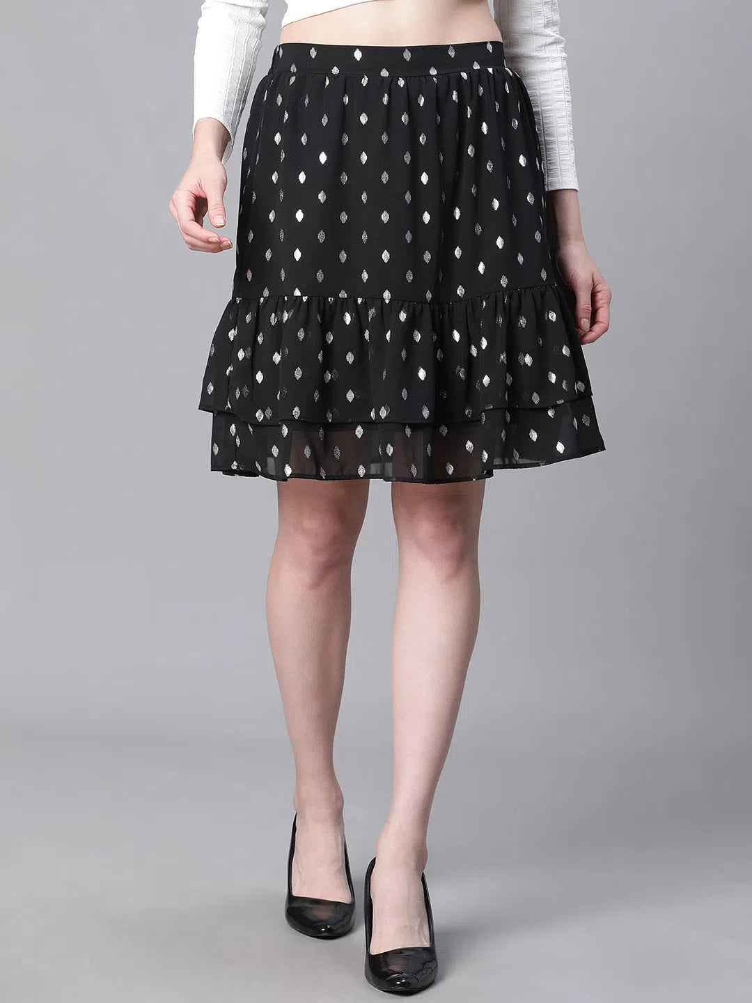 Women Black Dot Foil Print Elasticated Flared Short Partywear Skirt-W23269WSK003 chiffon skirt lightweight