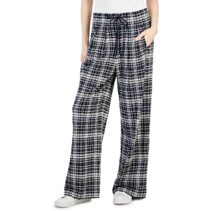 Tommy Hilfiger Womens High Rise Drawstring Wide Leg Pants Chic Checkered Pants