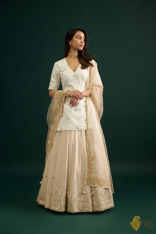 Off-White Pure Satin Silk Short Kurta with Hand-embroidered Skirt and Dupatta leather skirt bold