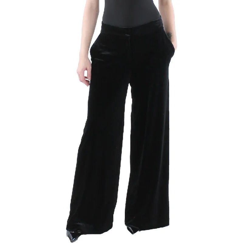 Tahari ASL Womens Mid Rise Velvet Wide Leg Pants Comfortable Jogger Trousers