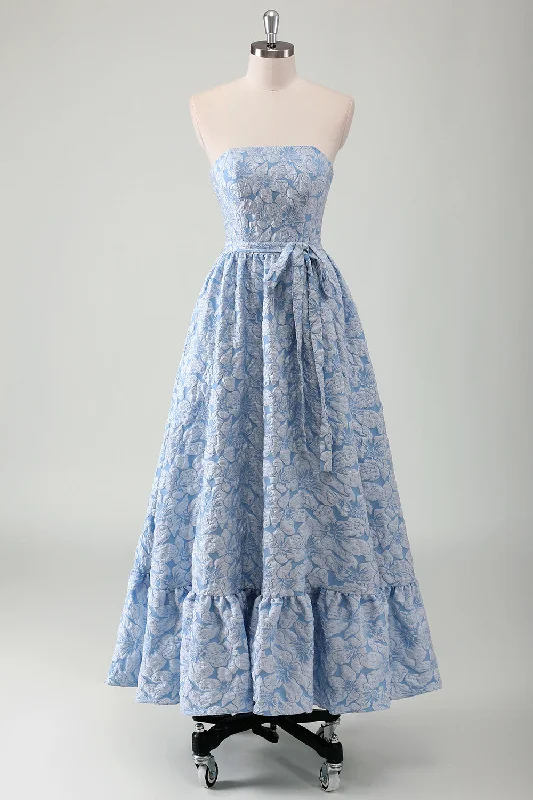 Blue Strapless A-Line Long Prom Dress with Belt Tunics Long Elegant