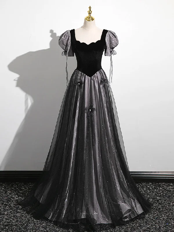 A-Line Puff Sleeves Black Long Prom Dress, Black Sweet 16 Dress Tunics Solid Classic A-Line Puff Sleeves Black Long Prom Dress, Black Sweet 16 Dress Tunics Solid Classic