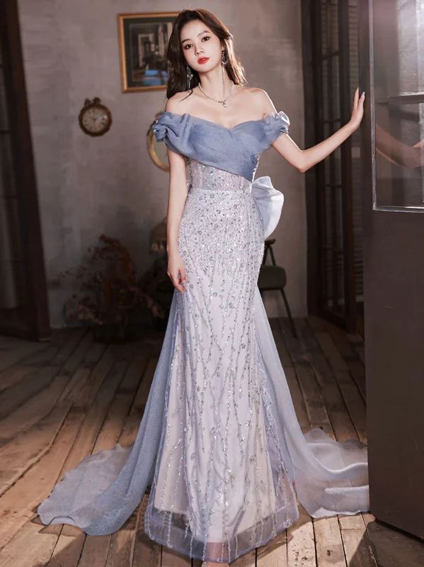 Blue Off Shoulder Tulle Sequin Mermaid Long Prom Dress, Blue Formal Dress Tunics Versatile all-occasion Blue Off Shoulder Tulle Sequin Mermaid Long Prom Dress, Blue Formal Dress Tunics Versatile all-occasion