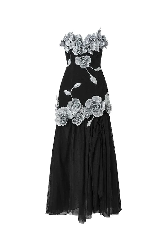 Joli Rose Drop Waist Flower Applique Velvet Ankle Length Dress Tunics Fashionable chic Joli Rose Drop Waist Flower Applique Velvet Ankle Length Dress Tunics Fashionable chic