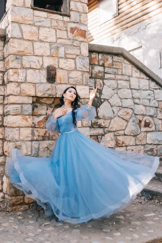 Blue Tulle Long Sleeve Sweetheart Prom Dresses Off the Shoulder Party Dresses Tunics Long Elegant Blue Tulle Long Sleeve Sweetheart Prom Dresses Off the Shoulder Party Dresses Tunics Long Elegant