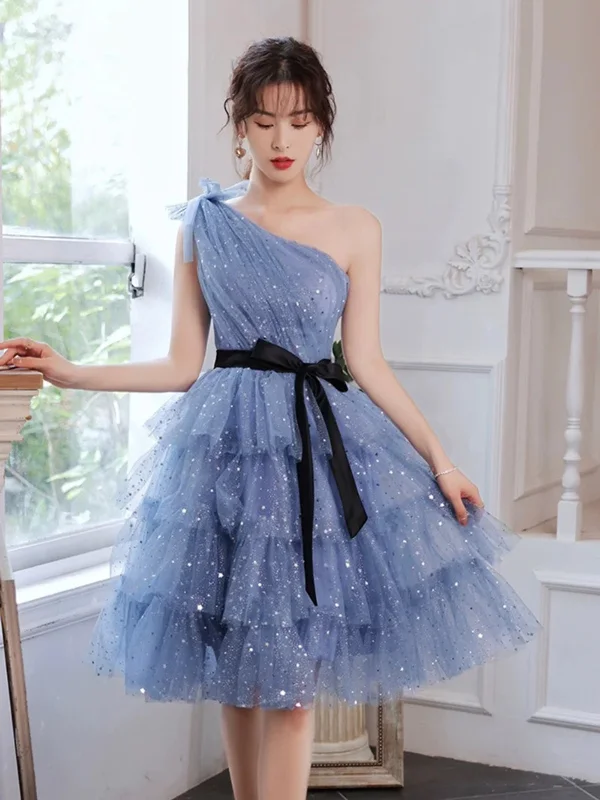Shiny One Shoulder Layered Blue Tulle Prom Dresses, One Shoulder Blue Homecoming Dresses, Blue Formal Graduation Evening Dresses Tunics Travel practical Shiny One Shoulder Layered Blue Tulle Prom Dresses, One Shoulder Blue Homecoming Dresses, Blue Formal Graduation Evening Dresses Tunics Travel practical