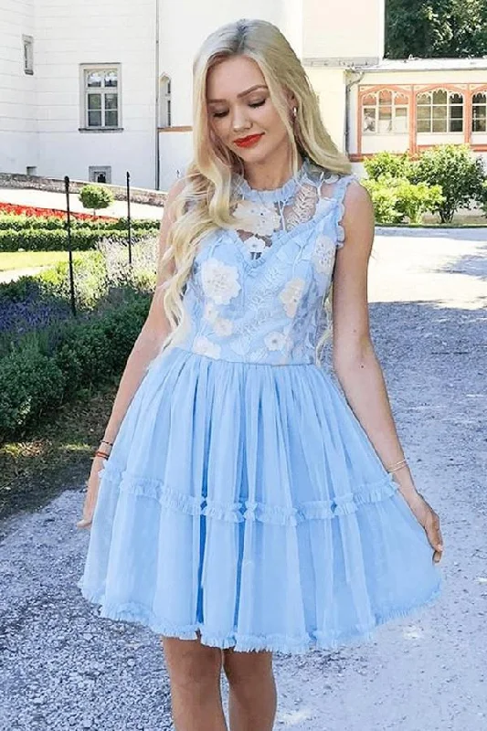 Jewel Short Blue Chiffon Homecoming Party Dress with Lace Straps Appliques Prom Dress H1287 Tunics Practical durable Jewel Short Blue Chiffon Homecoming Party Dress with Lace Straps Appliques Prom Dress H1287 Tunics Practical durable