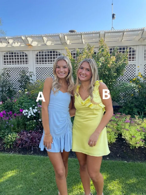 Cute Yellow Straps Short Party Dress Homecoming Dress, DP2732 Tunics Print Colorful