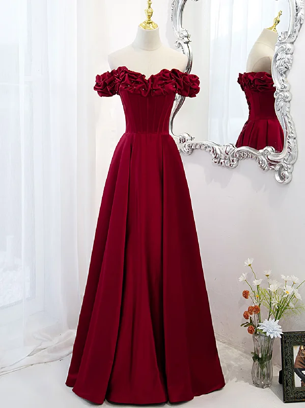 A-Line Off Shoulder Satin Burgundy Long Prom Dress, Satin Burgundy Evening Dress Tunics New arrival A-Line Off Shoulder Satin Burgundy Long Prom Dress, Satin Burgundy Evening Dress Tunics New arrival