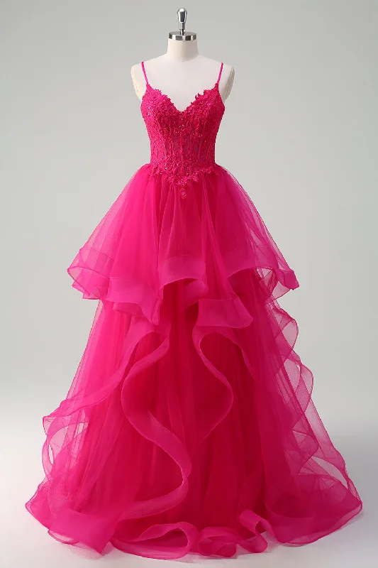 Hot Pink Appliques Corset Spaghetti Straps A Line Spiral Ruffles Prom Dress Tunics Stylish elegant Hot Pink Appliques Corset Spaghetti Straps A Line Spiral Ruffles Prom Dress Tunics Stylish elegant