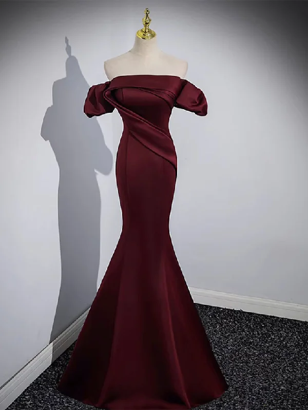 Mermaid off Shoulder Satin Burgundy Long Prom Dress, Burgundy Formal Dress Tunics Office stylish Mermaid off Shoulder Satin Burgundy Long Prom Dress, Burgundy Formal Dress Tunics Office stylish
