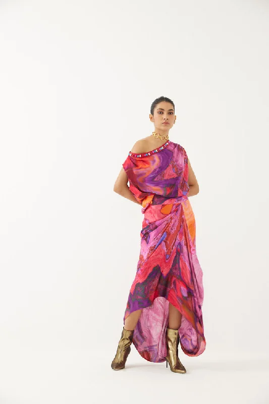 Red Sea Draped Top & Skirt Co-ord high slit skirt