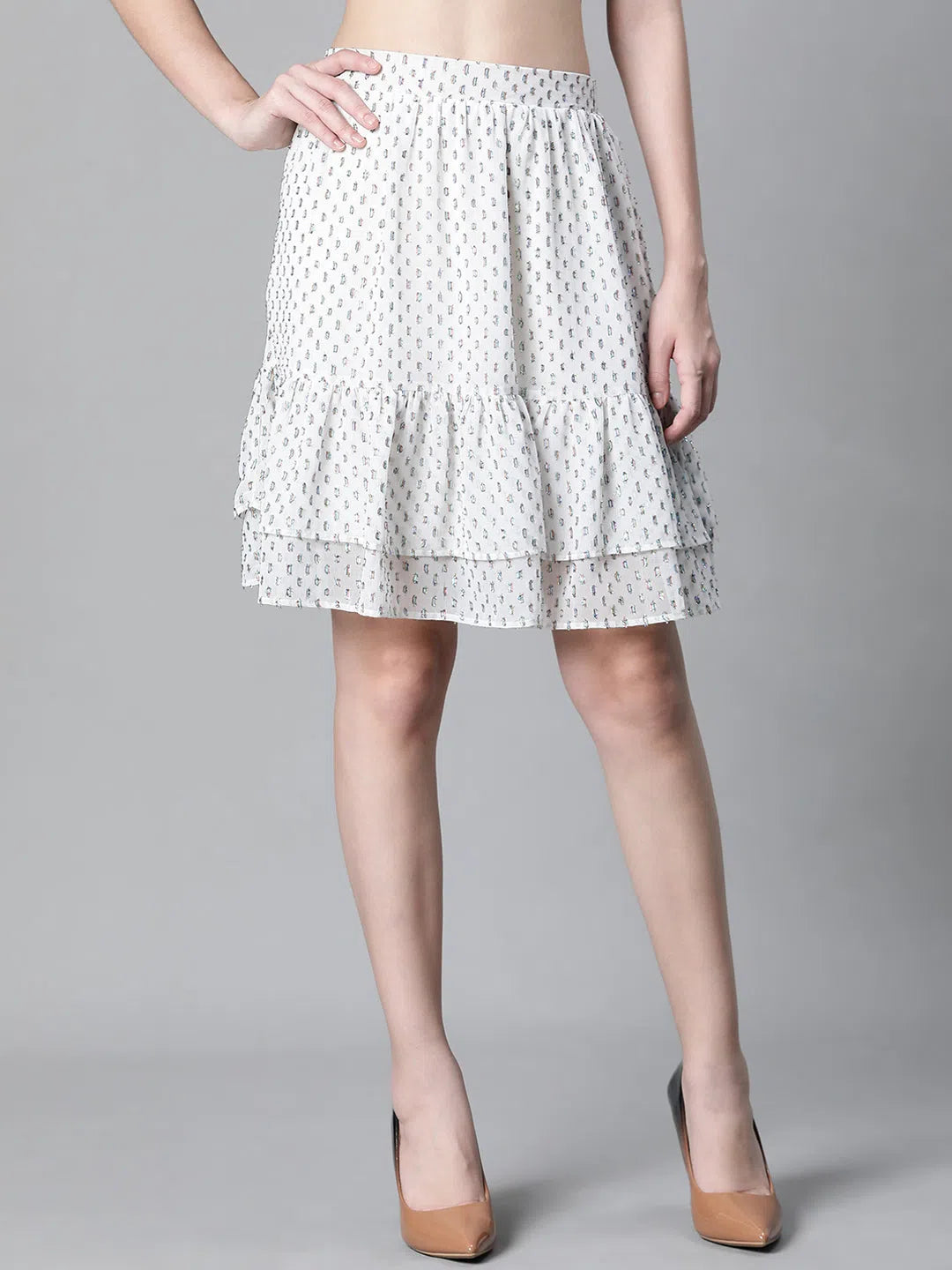Women White Lurex Print Elasticated Flared & Layered Short Party Wear Skirt-W23111WSK001 leather skirt durable