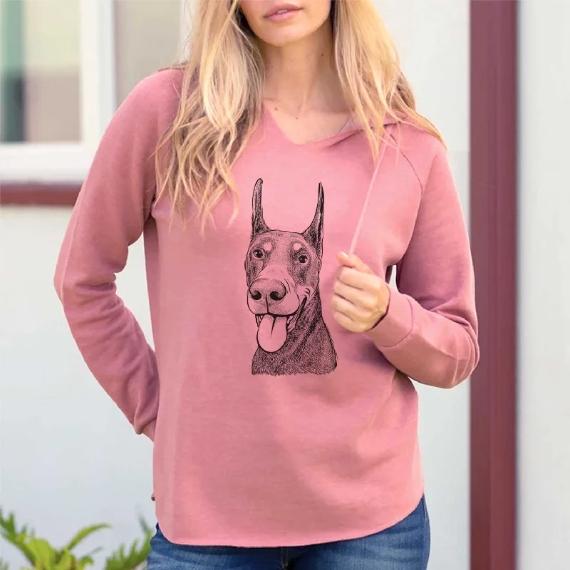 Happy Sunny the Doberman Pinscher - Cali Wave Hooded Sweatshirt Hoodie with Hem Fringe Bohemian Relaxed Happy Sunny the Doberman Pinscher - Cali Wave Hooded Sweatshirt Hoodie with Hem Fringe Bohemian Relaxed