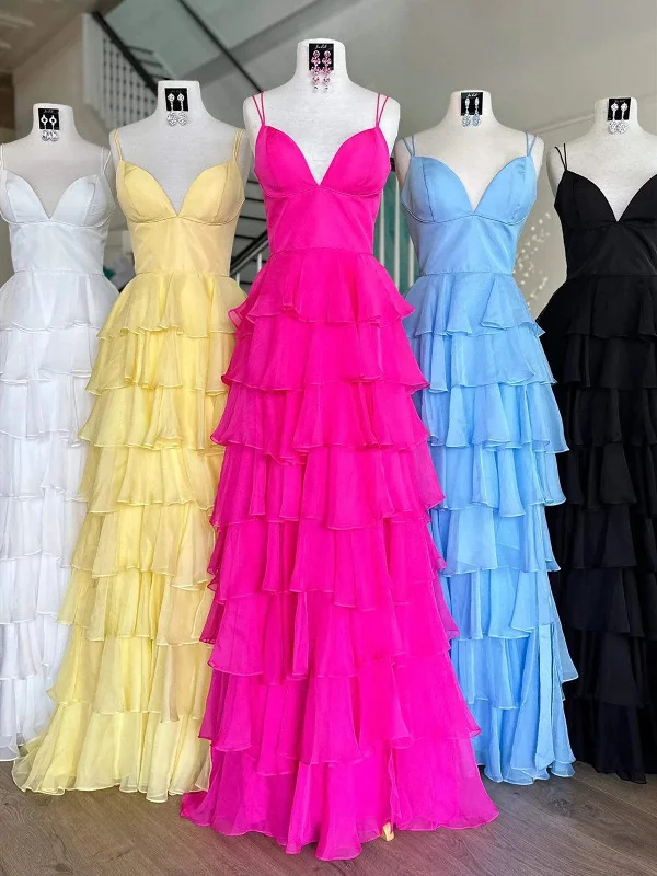 A Line V Neck Spaghetti Straps Pink Yellow Blue Layered Prom Dresses, Layered Long Formal Evening Dresses Tunics Stylish modern A Line V Neck Spaghetti Straps Pink Yellow Blue Layered Prom Dresses, Layered Long Formal Evening Dresses Tunics Stylish modern