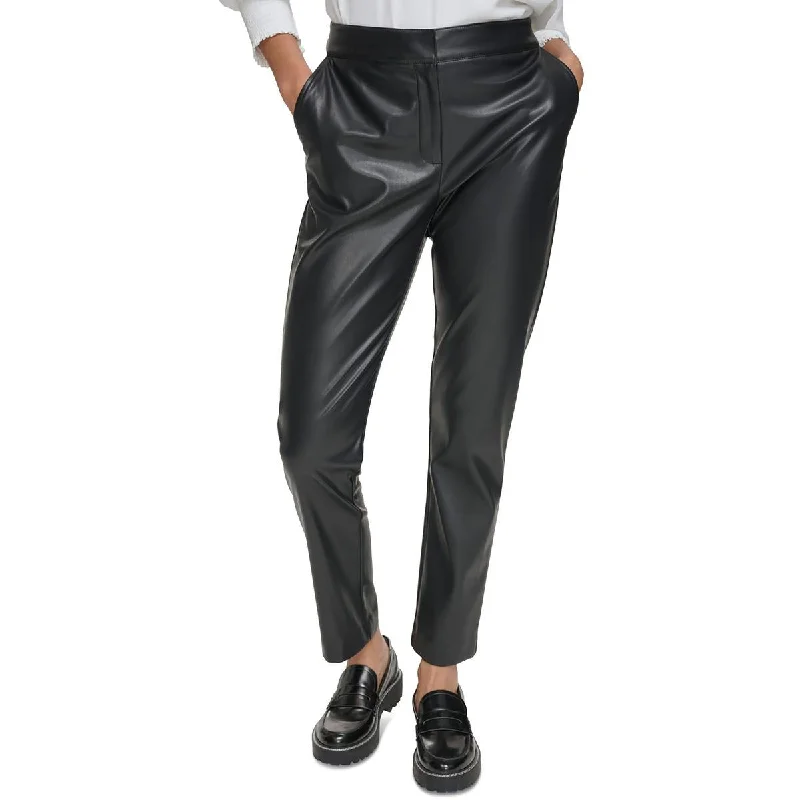 Calvin Klein Womens Faux Leather Slim Fit Ankle Pants Formal Stretch Pants