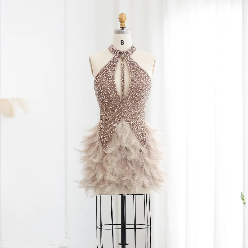 Luxury Feathers Pearls Nude Short Cocktail Party Dress SS149 Tunics stripes playful