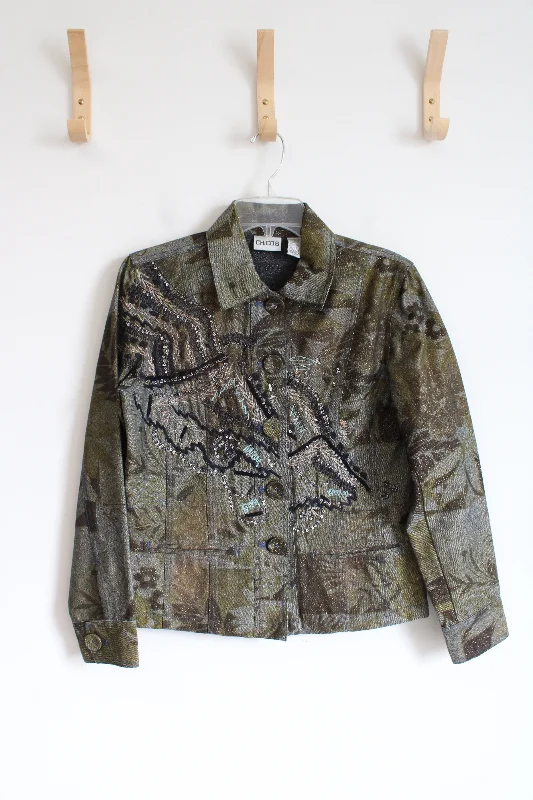Chico's Olive Gray Embellished Jacket | 0 Welt Pockets Slit Pockets Flap Pockets