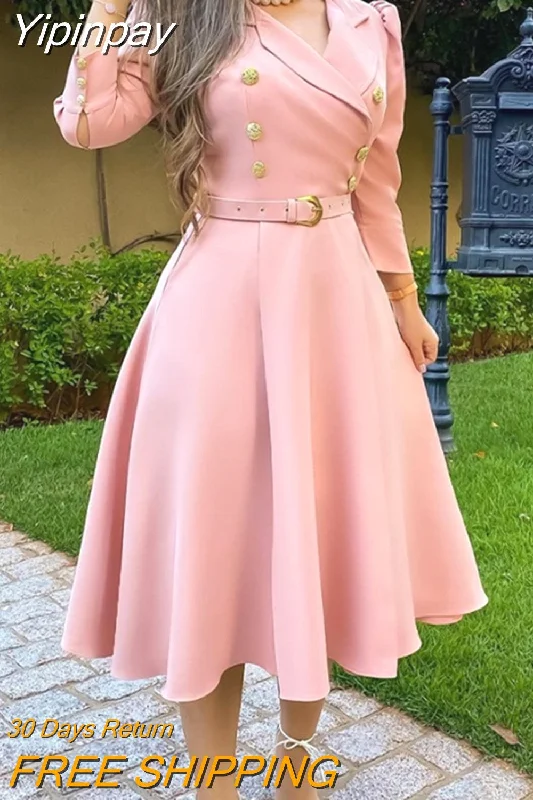 Yipinpay Sleeve Double Breasted Belted Blazer Dress dresses for women 2023 elegant high quality A Line Midi Plain Women's Elegant Blazer Yipinpay Sleeve Double Breasted Belted Blazer Dress dresses for women 2023 elegant high quality A Line Midi Plain Women's Elegant Blazer