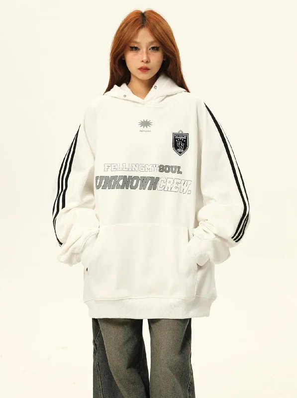 Athletic-Style Graphic Hooded Jacket A-Line Jacket Boat Neck Shawl Collar