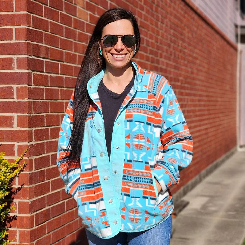 Blue B Aztec Fleece Print Jacket Boat Neck Shawl Collar Notched Collar