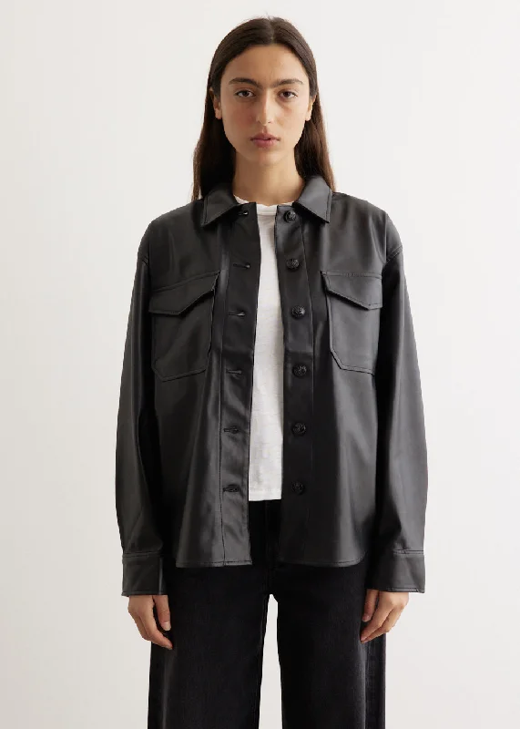 Camilla Faux Leather Shirt Jacket A-Line Jacket Boat Neck Shawl Collar