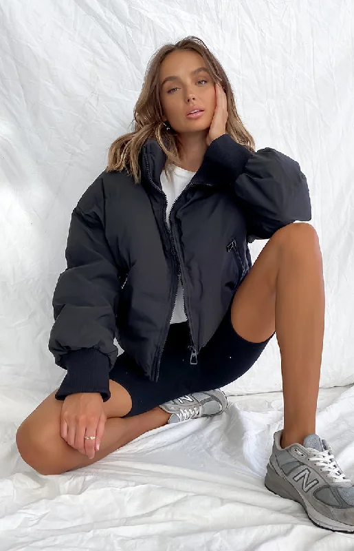 Remi Puffer Jacket Black Zippered Front Buttoned Front Snap Front