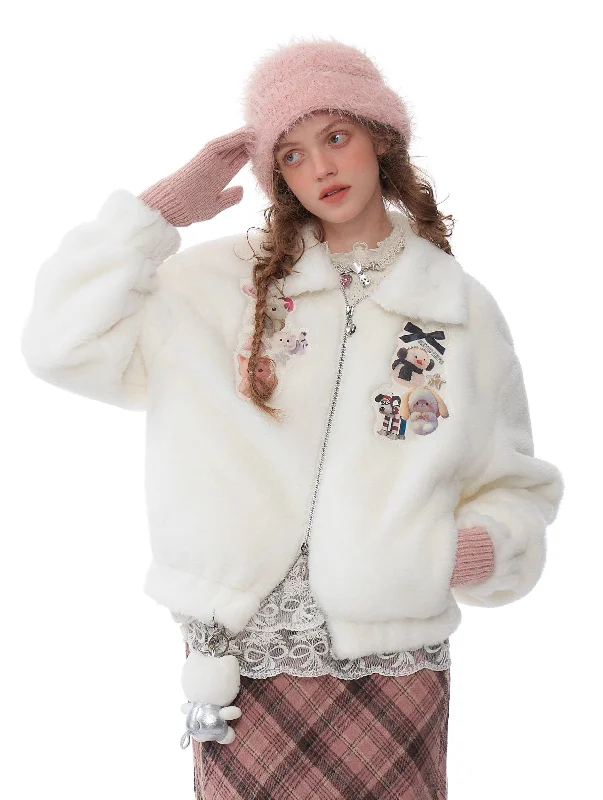 Sweet Animal Patch Faux Fur Jacket Zippered Jacket Buttoned Jacket Snapped Jacket