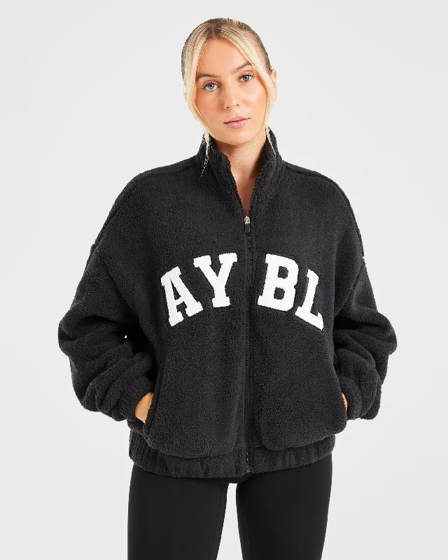 Varsity Oversized Fleece Zip Up Jacket - Black Anorak Shell Jacket Lightweight Jacket Varsity Oversized Fleece Zip Up Jacket - Black Anorak Shell Jacket Lightweight Jacket