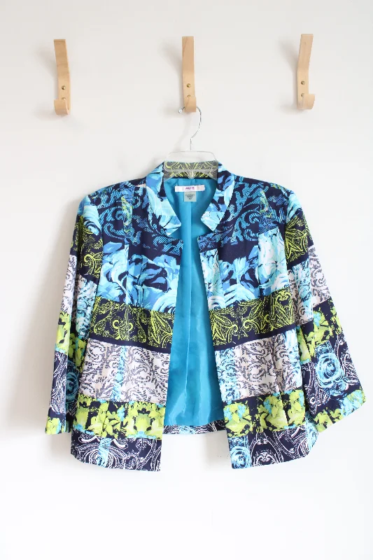 Alia Petite Blue Patterned Open Faced Jacket | 12P Insulated Jacket Fitted Jacket Loose Jacket