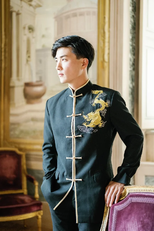 Ming Jacket | Black Mandarin Collar Suit Jacket Tiered Jacket Buttoned Jacket Zippered Jacket Ming Jacket | Black Mandarin Collar Suit Jacket Tiered Jacket Buttoned Jacket Zippered Jacket