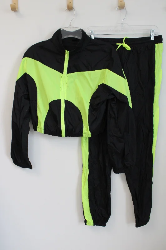 Shein Black & Neon Green Cropped Jacket & Sweatpants Tracksuit Set | L Corduroy Jacket Velvet Jacket Brocade Jacket Shein Black & Neon Green Cropped Jacket & Sweatpants Tracksuit Set | L Corduroy Jacket Velvet Jacket Brocade Jacket