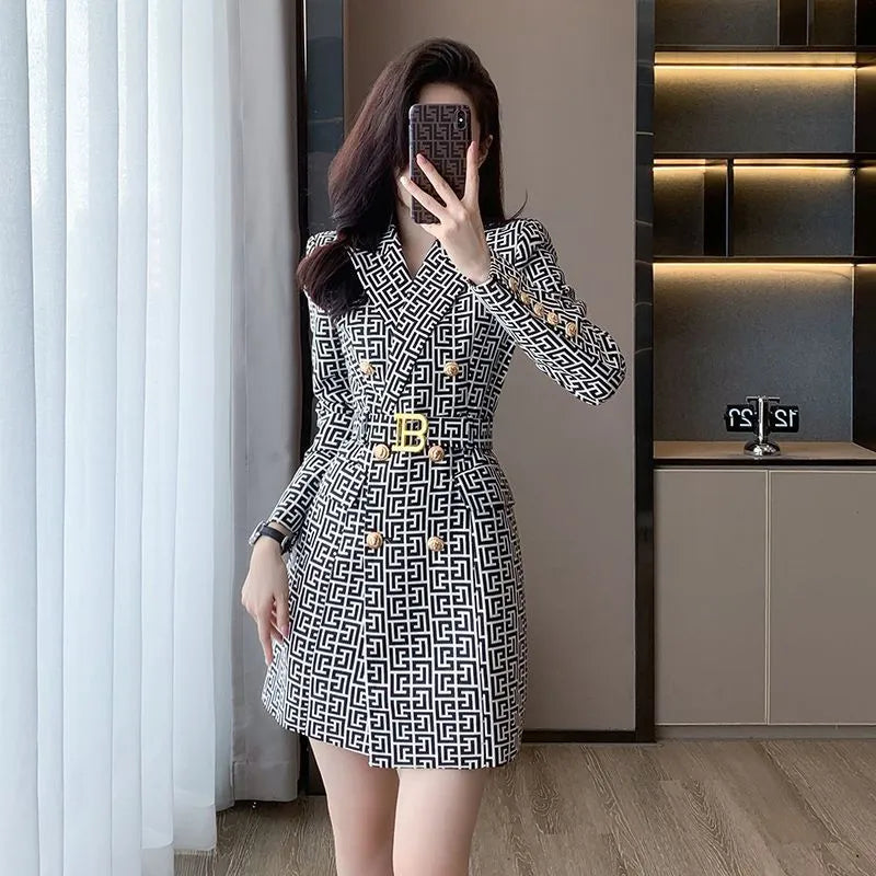 Bonnyshow Vintage Luxury Fashion Geometric Pattern Fall Winter Women Elegant Dress Leisure loose Office Lady Blazer Dress Women's Premium Blazer