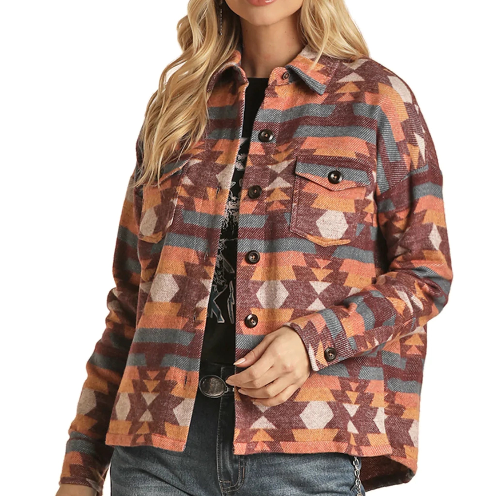 Rock & Roll Women's Boxy Fit Shirt Jacket Hoodie Zip-Up Jacket Button-Up Jacket