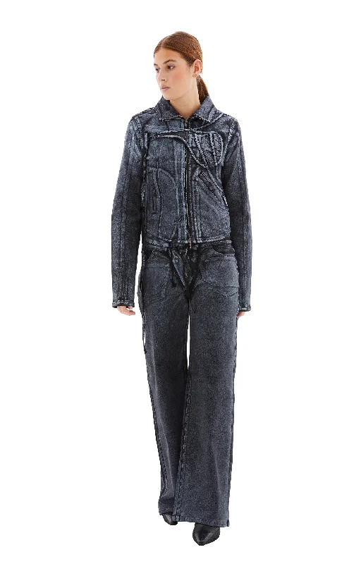 Fitted Denim Jacket (Black/White) Boat Neck Shawl Collar Notched Collar