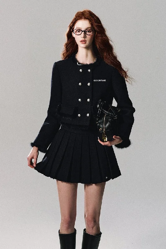 Double Breasted Tweed Jacket/Pleated Skirt Cotton Jacket Linen Jacket Terry Jacket