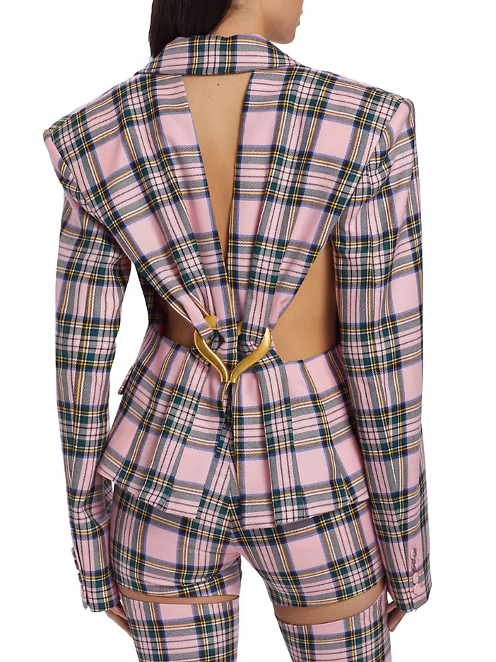 AREA HEART-ACCENTED PLAID WOOL CUT-OUT BLAZER Women's Lightweight Blazer