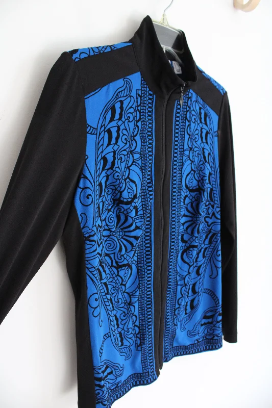 Susan Graver Black & Blue Patterned Textured Lightweight Jacket | XS Bomber Jacket Anorak Windbreaker Susan Graver Black & Blue Patterned Textured Lightweight Jacket | XS Bomber Jacket Anorak Windbreaker