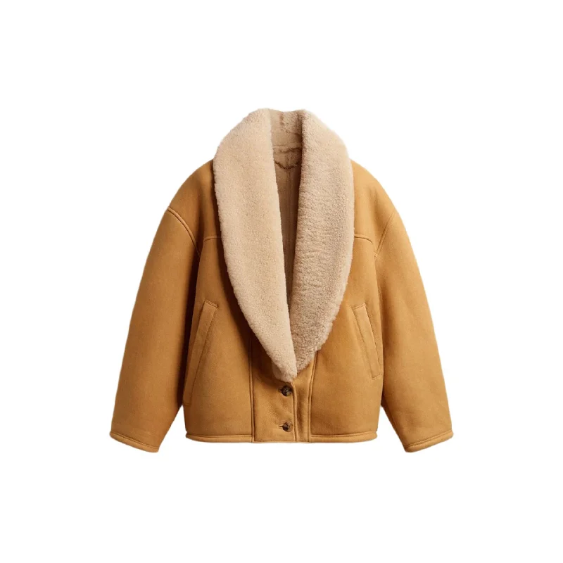 Sheepskin Jacket With Wide Shearling Shawl Collar(Brown) Satin Jacket Silk Jacket Chiffon Jacket Sheepskin Jacket With Wide Shearling Shawl Collar(Brown) Satin Jacket Silk Jacket Chiffon Jacket