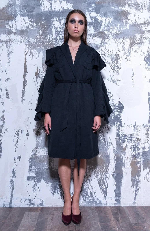 Belted Double Ruffled Sleeve Jacket Dress - Dag Dai Hoodie Zip-Up Jacket Button-Up Jacket Belted Double Ruffled Sleeve Jacket Dress - Dag Dai Hoodie Zip-Up Jacket Button-Up Jacket
