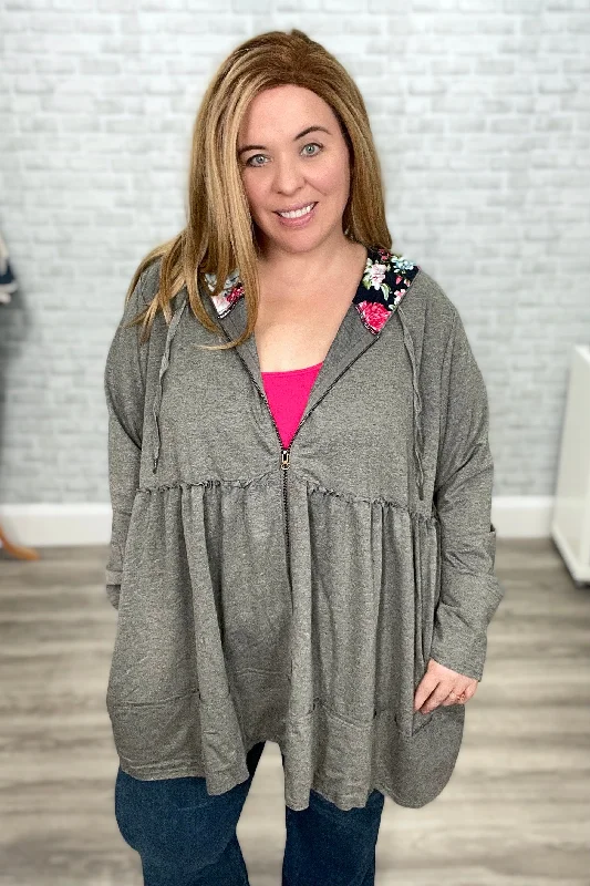 Tiered Heather Gray and Floral Jacket Hoodie by Vivette Notch Collar Jacket Peter Pan Collar Jacket Cowl Neck Jacket Tiered Heather Gray and Floral Jacket Hoodie by Vivette Notch Collar Jacket Peter Pan Collar Jacket Cowl Neck Jacket