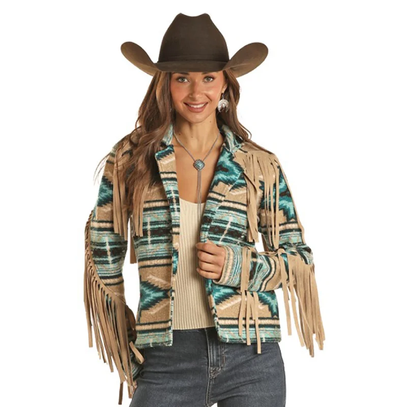 Rock & Roll Women's Turquoise and Tan Aztec Fringe Berber Jacket Notch Collar Peter Pan Collar Cowl Neck Rock & Roll Women's Turquoise and Tan Aztec Fringe Berber Jacket Notch Collar Peter Pan Collar Cowl Neck