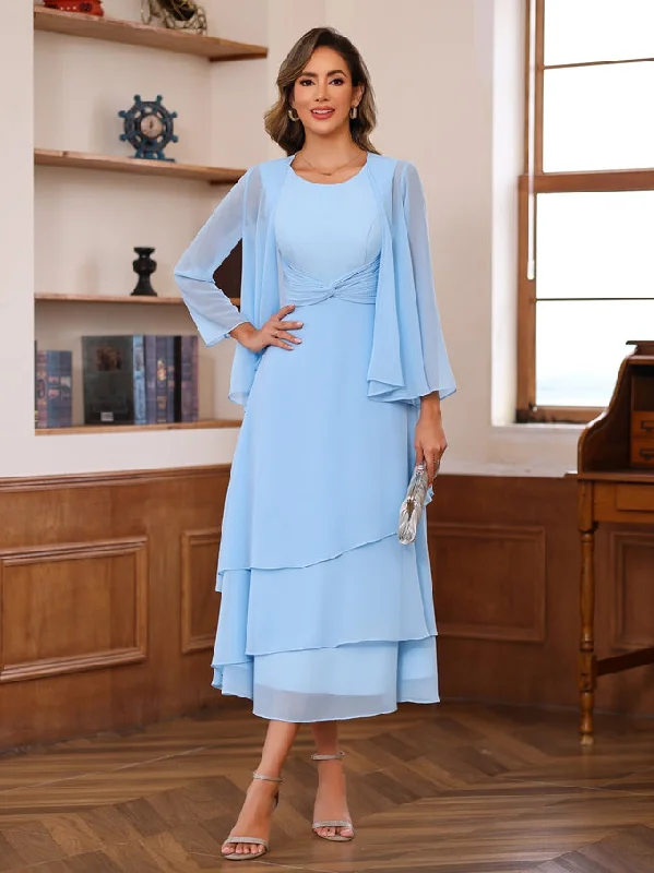 A-Line/Princess Scoop Neck 2 Pcs Tea-Length Plus Size Mother of the Bride Dresses with Ruffles & jacket Boat Neck Shawl Collar Notched Collar