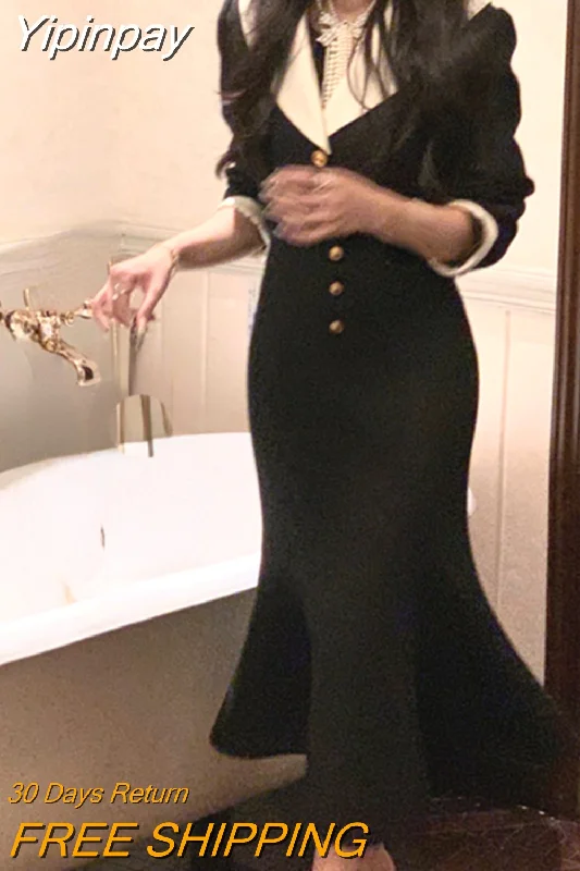 Yipinpay Black 2 Piece Dress Set Office Lady Long Sleeve Short Blazers + Elegant Slim Midi Skirt Woman Korean Suit 2023 Autumn Women's Simple Jacket Yipinpay Black 2 Piece Dress Set Office Lady Long Sleeve Short Blazers + Elegant Slim Midi Skirt Woman Korean Suit 2023 Autumn Women's Simple Jacket