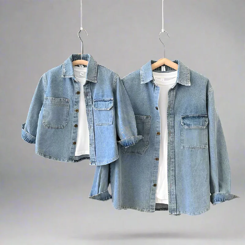 Matching Family Denim Jackets Classic Light-Wash Jean Shirt for Mom, Dad, and Kids Stand-Up Collar Roll-Neck Collar Turtle Neck Matching Family Denim Jackets Classic Light-Wash Jean Shirt for Mom, Dad, and Kids Stand-Up Collar Roll-Neck Collar Turtle Neck